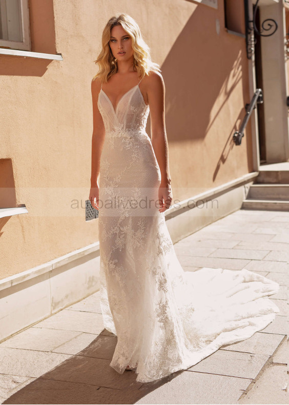 Beaded V Neck Ivory Lace Wedding Dress